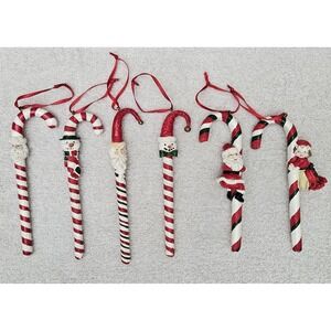 Six Vintage Intricate Candy Cane Ornaments Santa Snowman Mrs. Claus‎